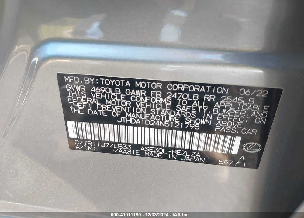 2022 LEXUS IS 300 VIN: JTHDA1D24N5121798