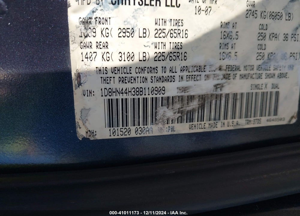 2008 DODGE GRAND CARAVAN SE VIN: 1D8HN44H38B110909