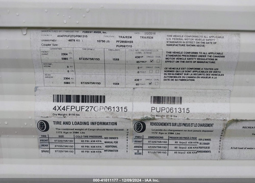 2016 PALOMINO OTHER VIN: 4X4FPUF27GP061315