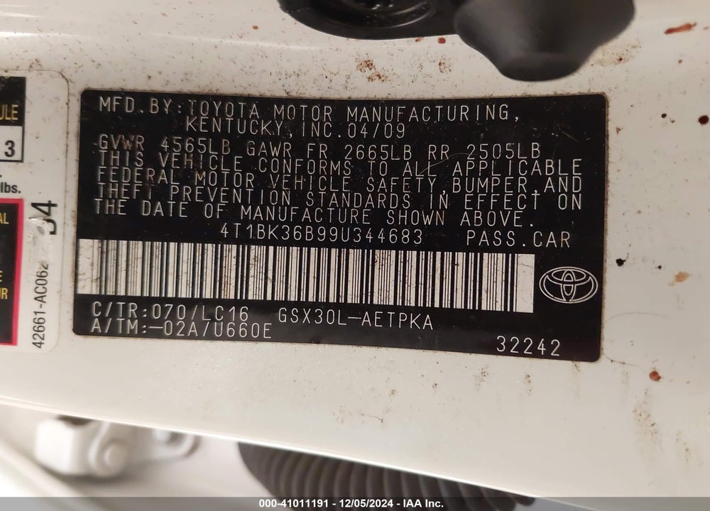 2009 TOYOTA AVALON VIN: 4T1BK36B99U344683