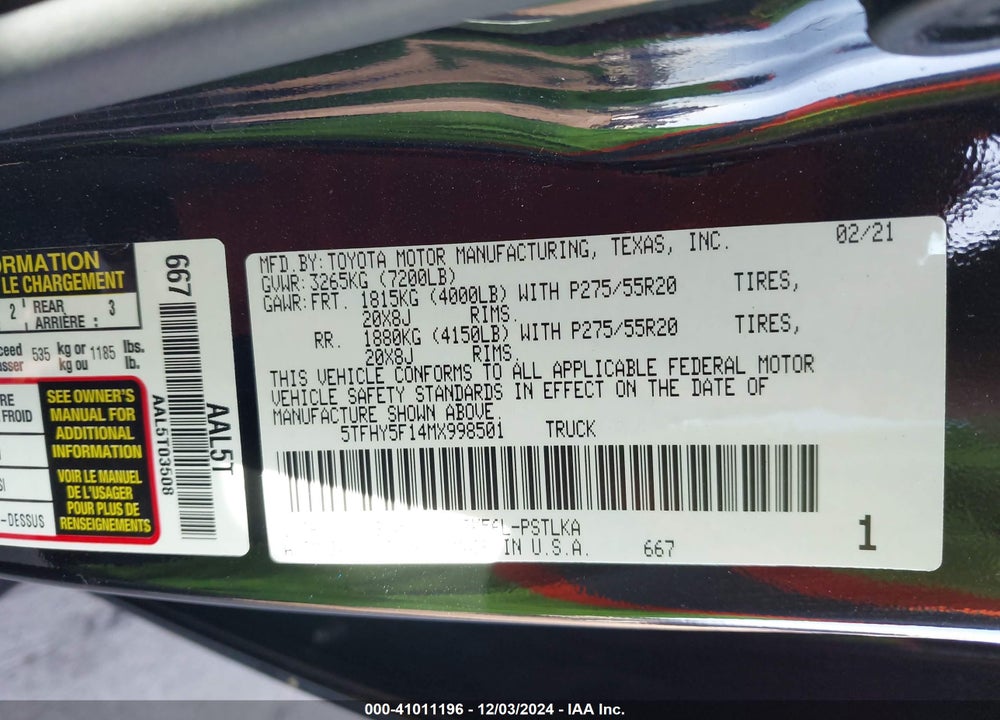2021 TOYOTA TUNDRA LIMITED VIN: 5TFHY5F14MX998501