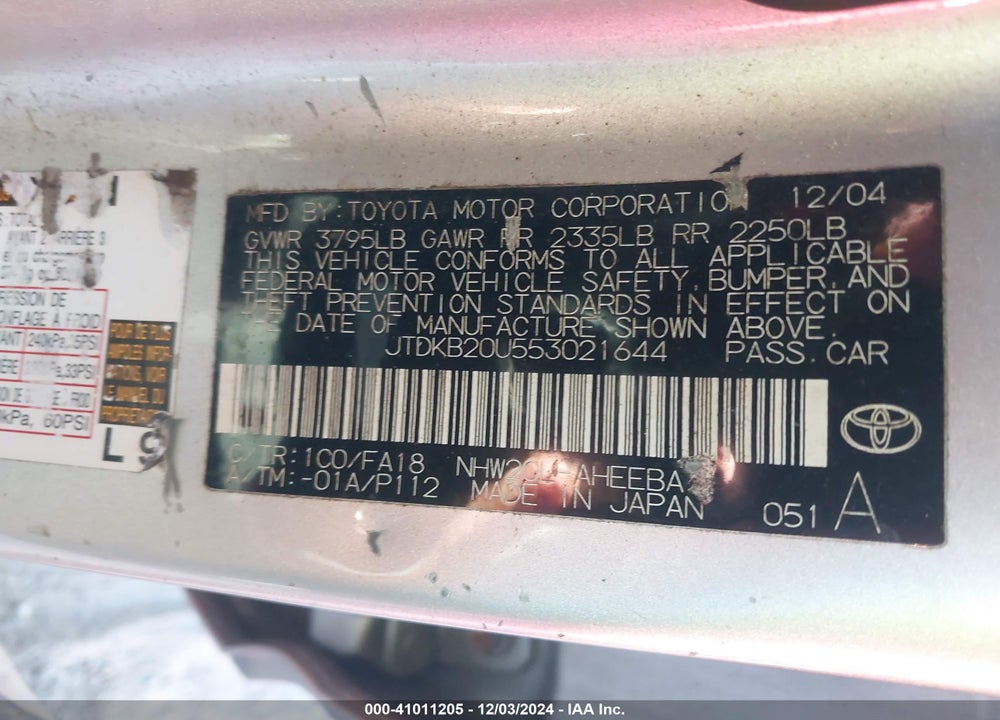 2005 TOYOTA PRIUS VIN: JTDKB20U553021644
