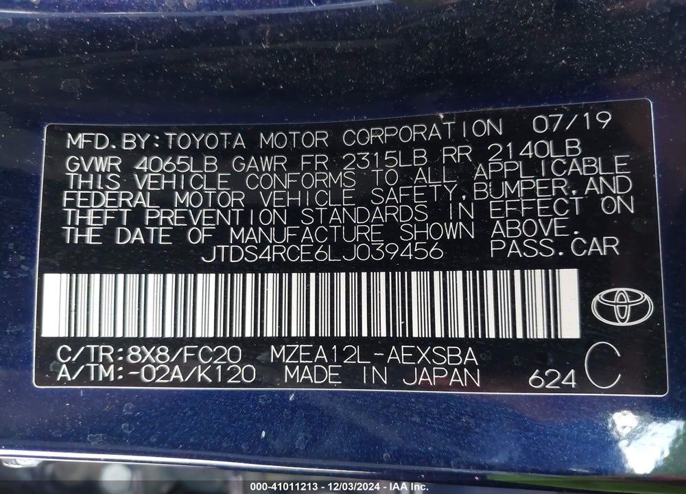 2020 TOYOTA COROLLA SE VIN: JTDS4RCE6LJ039456