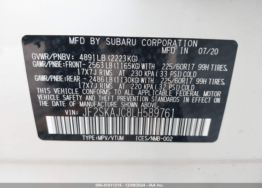 2020 SUBARU FORESTER PREMIUM VIN: JF2SKAJC8LH589761