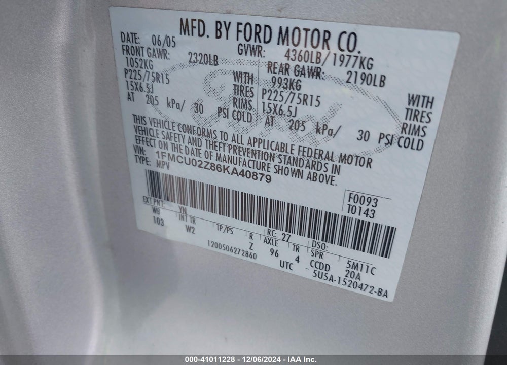 2006 FORD ESCAPE XLS VIN: 1FMCU02Z86KA40879