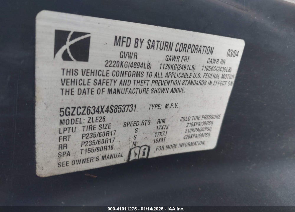 2004 SATURN VUE V6 VIN: 5GZCZ634X4S853731