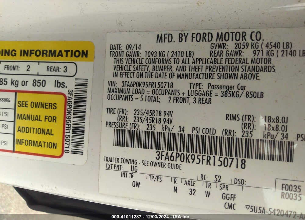 2015 FORD FUSION TITANIUM VIN: 3FA6P0K95FR150718