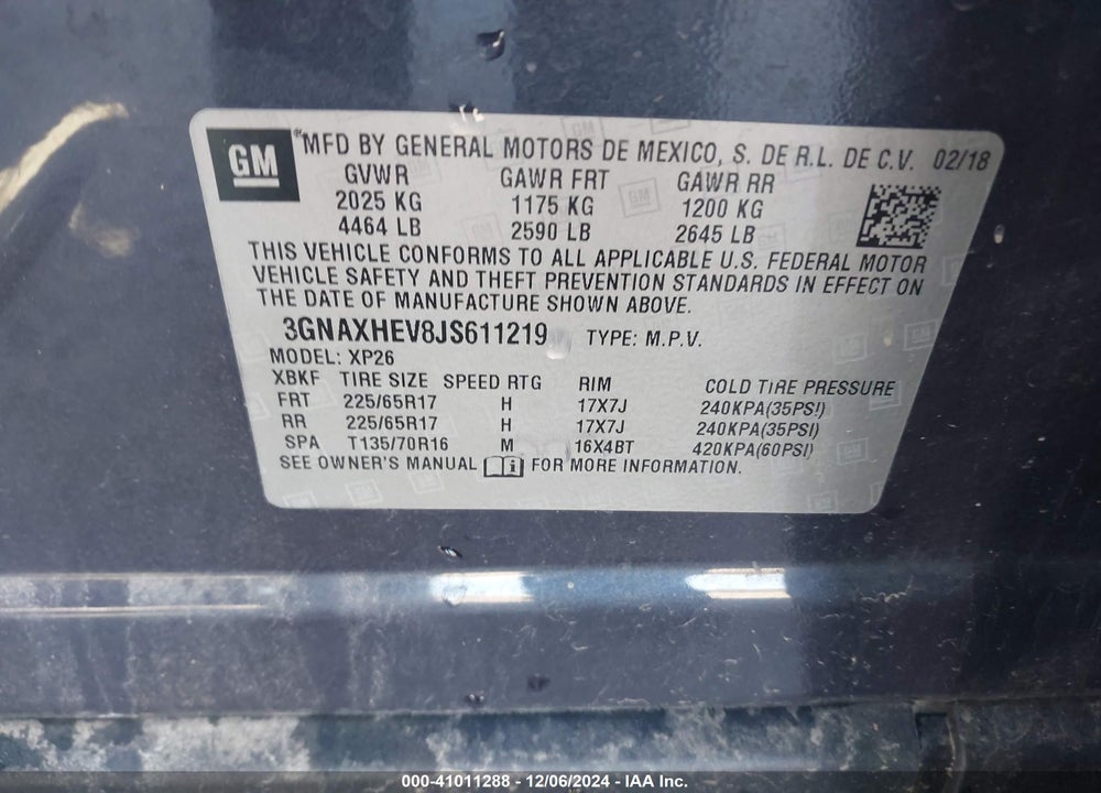2018 CHEVROLET EQUINOX LS VIN: 3GNAXHEV8JS611219