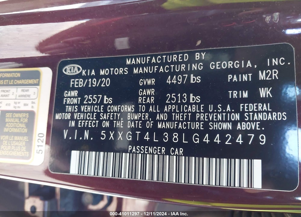 2020 KIA OPTIMA VIN: 5XXGT4L38LG442479