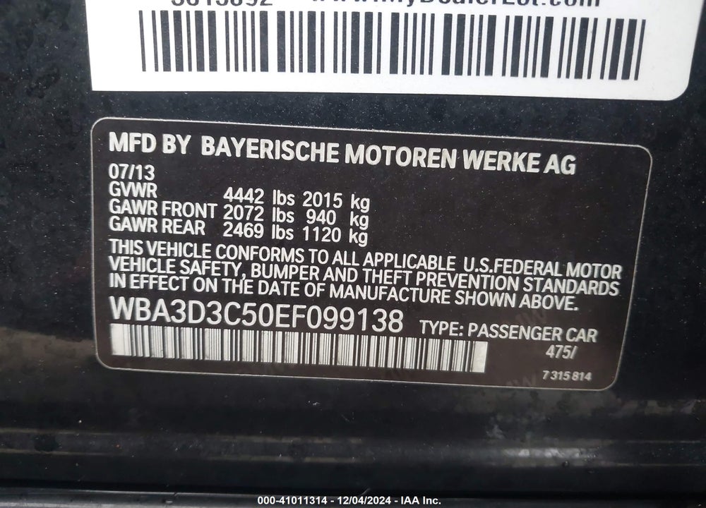 2014 BMW 328D VIN: WBA3D3C50EF099138