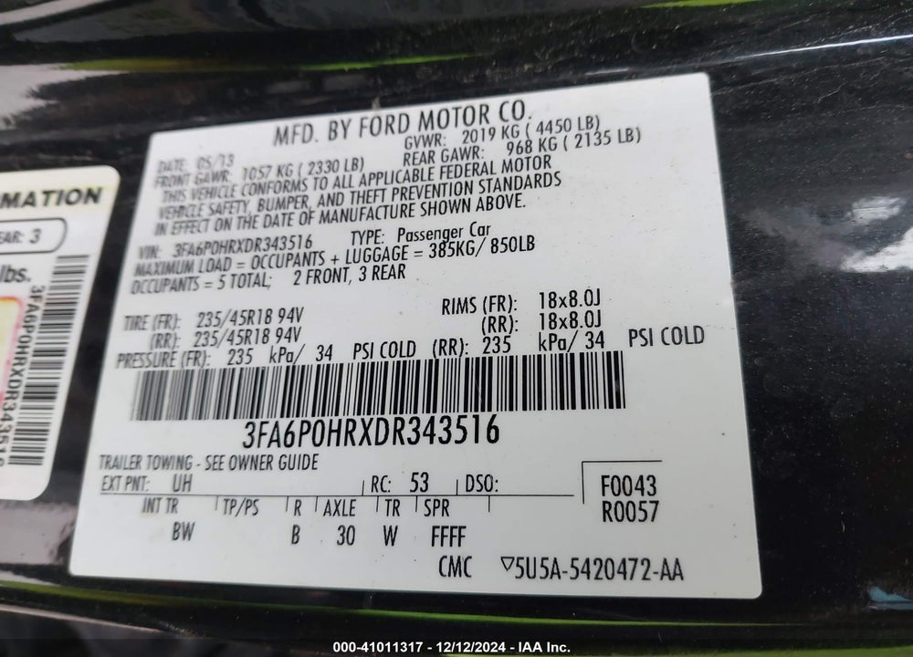 2013 FORD FUSION SE VIN: 3FA6P0HRXDR343516