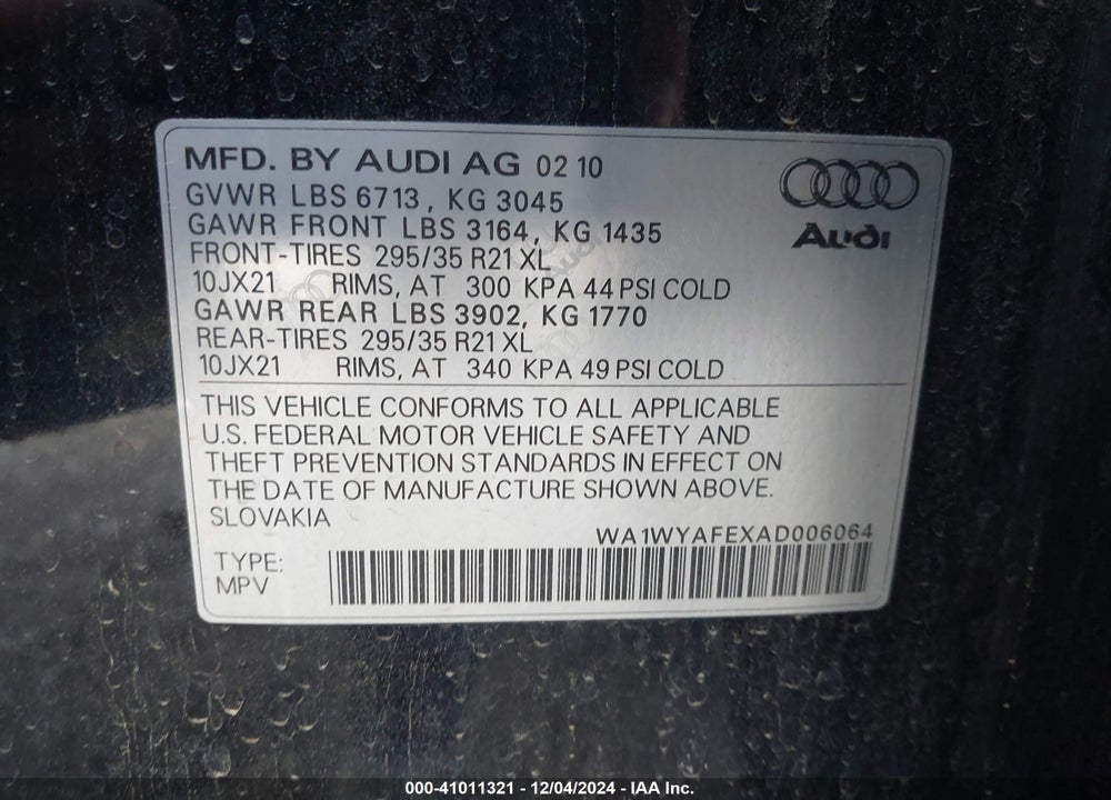 2010 AUDI Q7 3.6 PREMIUM VIN: WA1WYAFEXAD006064