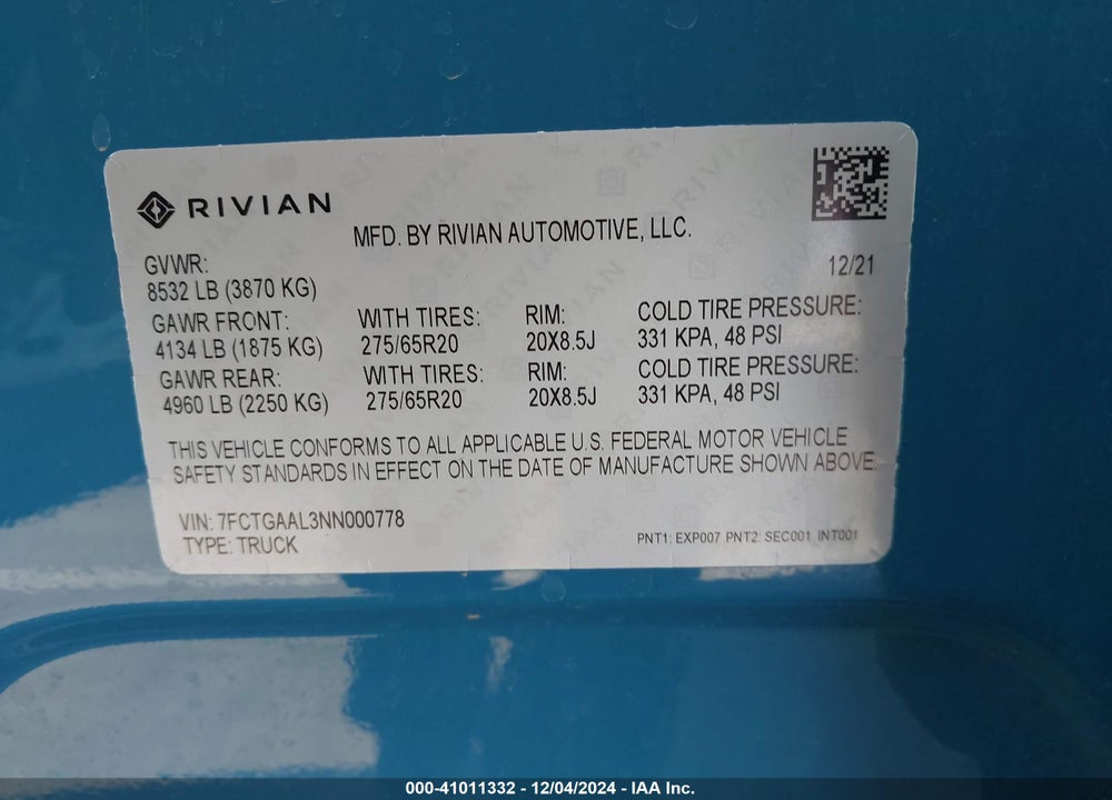 2022 RIVIAN R1T LAUNCH EDITION VIN: 7FCTGAAL3NN000778