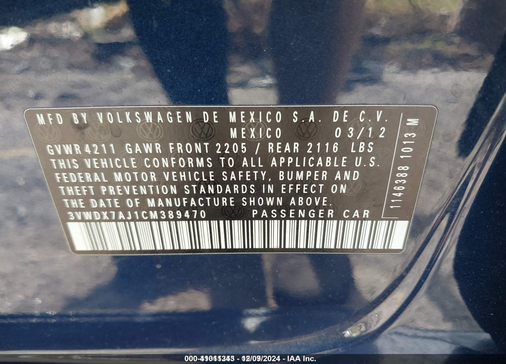 2012 VOLKSWAGEN JETTA 2.5L SE VIN: 3VWDX7AJ1CM389470