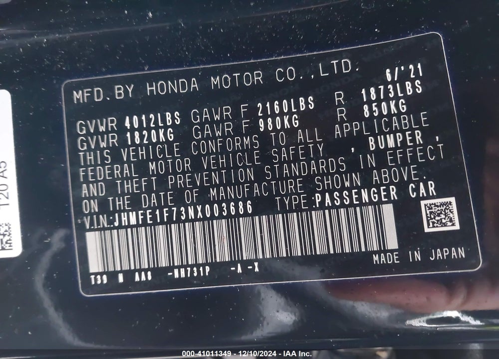 2022 HONDA CIVIC VIN: JHMFE1F73NX003686