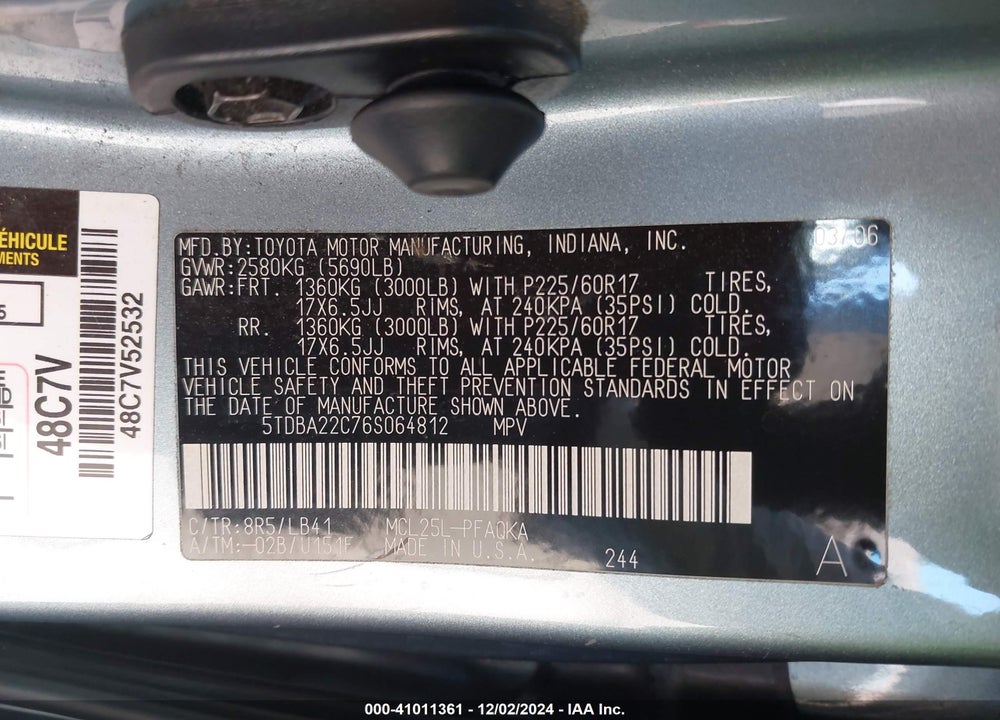 2006 TOYOTA SIENNA XLE LIMITED VIN: 5TDBA22C76S064812