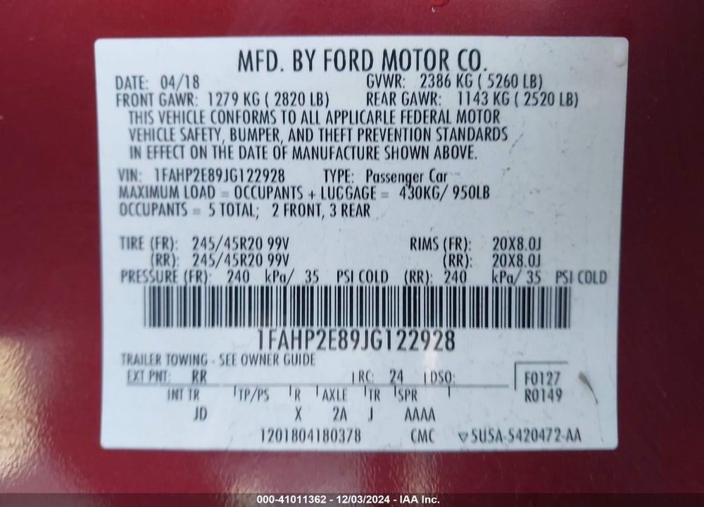 2018 FORD TAURUS VIN: 1FAHP2E89JG122928