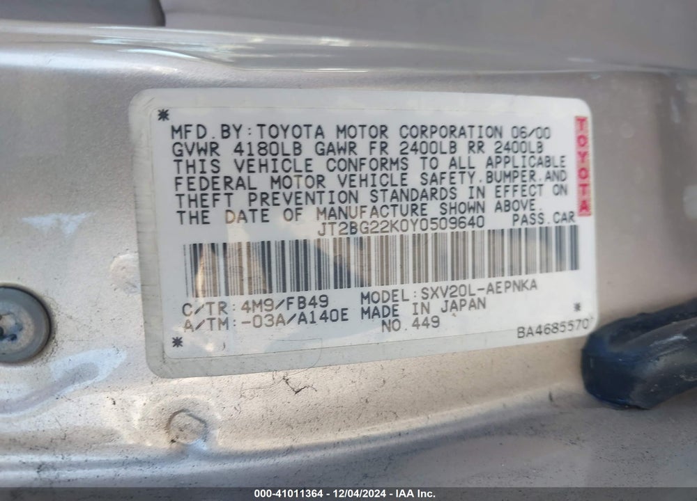 2000 TOYOTA CAMRY LE VIN: JT2BG22K0Y0509640