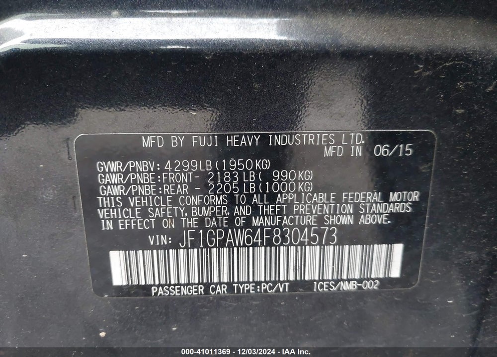 2015 SUBARU IMPREZA 2.0I SPORT LIMITED VIN: JF1GPAW64F8304573