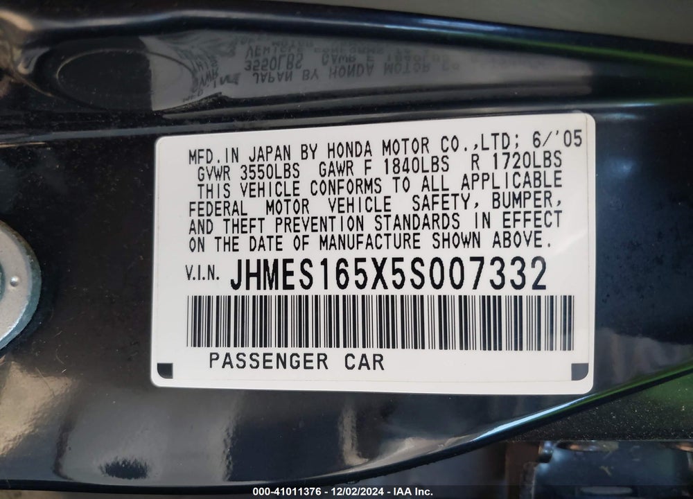 2005 HONDA CIVIC LX VIN: JHMES165X5S007332