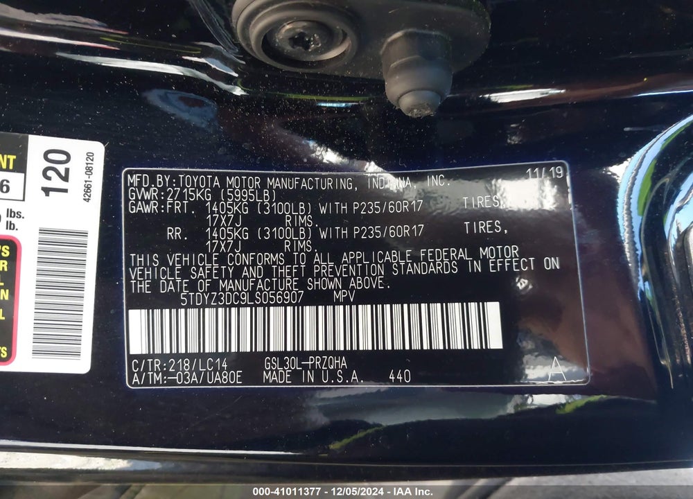 2020 TOYOTA SIENNA XLE VIN: 5TDYZ3DC9LS056907