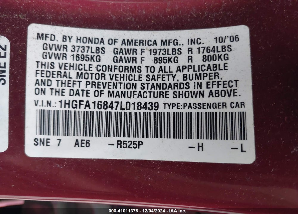 2007 HONDA CIVIC EX VIN: 1HGFA16847L018439