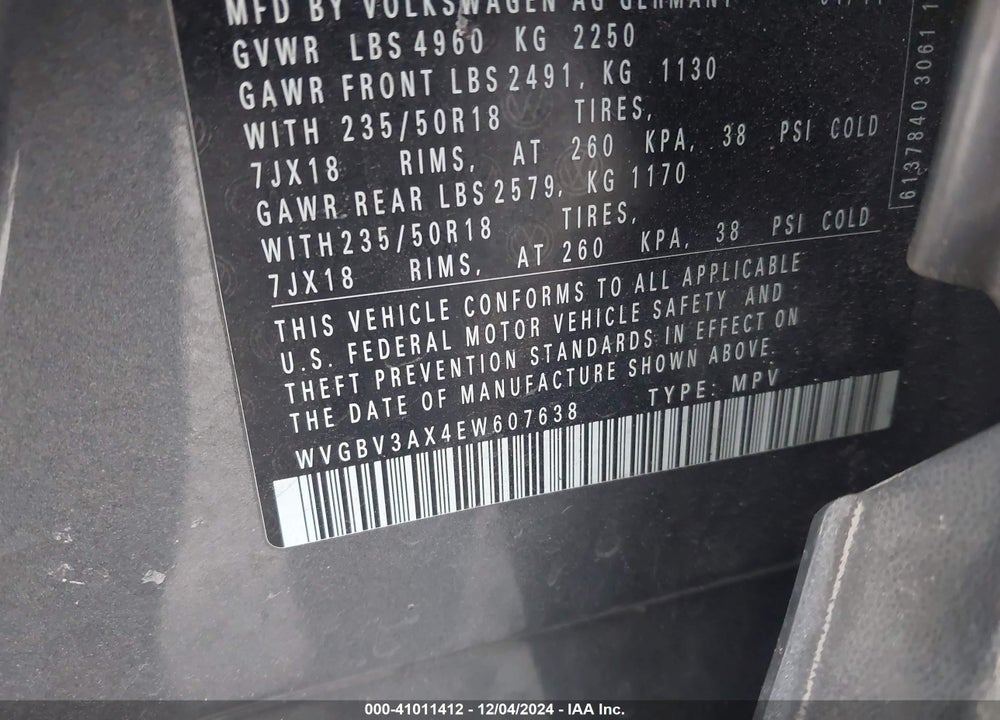 2014 VOLKSWAGEN TIGUAN SE VIN: WVGBV3AX4EW607638