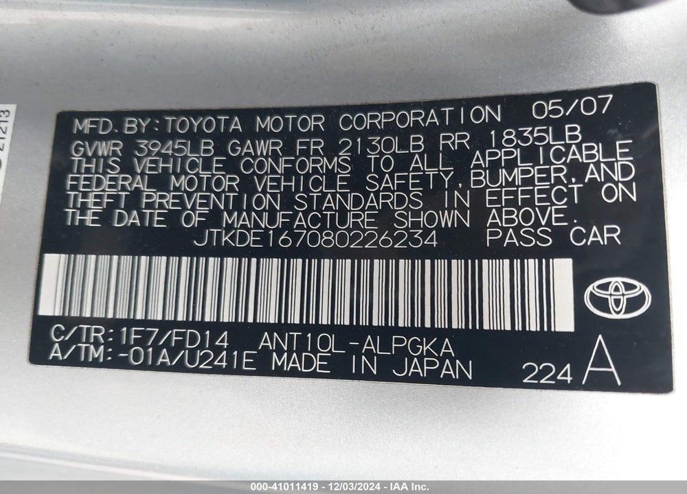 2008 SCION TC VIN: JTKDE167080226234