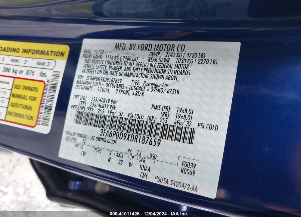 2013 FORD FUSION TITANIUM VIN: 3FA6P0D9XDR187659