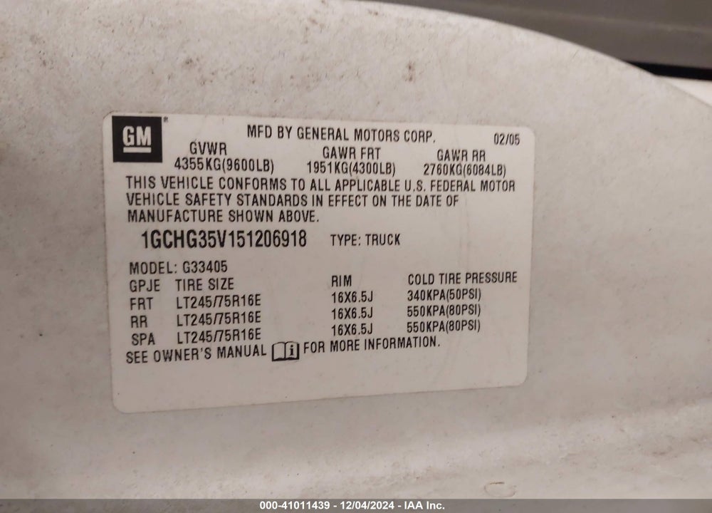 2005 CHEVROLET EXPRESS VIN: 1GCHG35V151206918