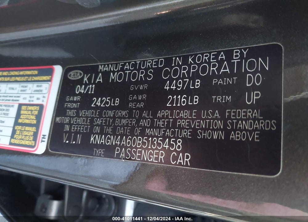 2011 KIA OPTIMA EX TURBO VIN: KNAGN4A60B5135458