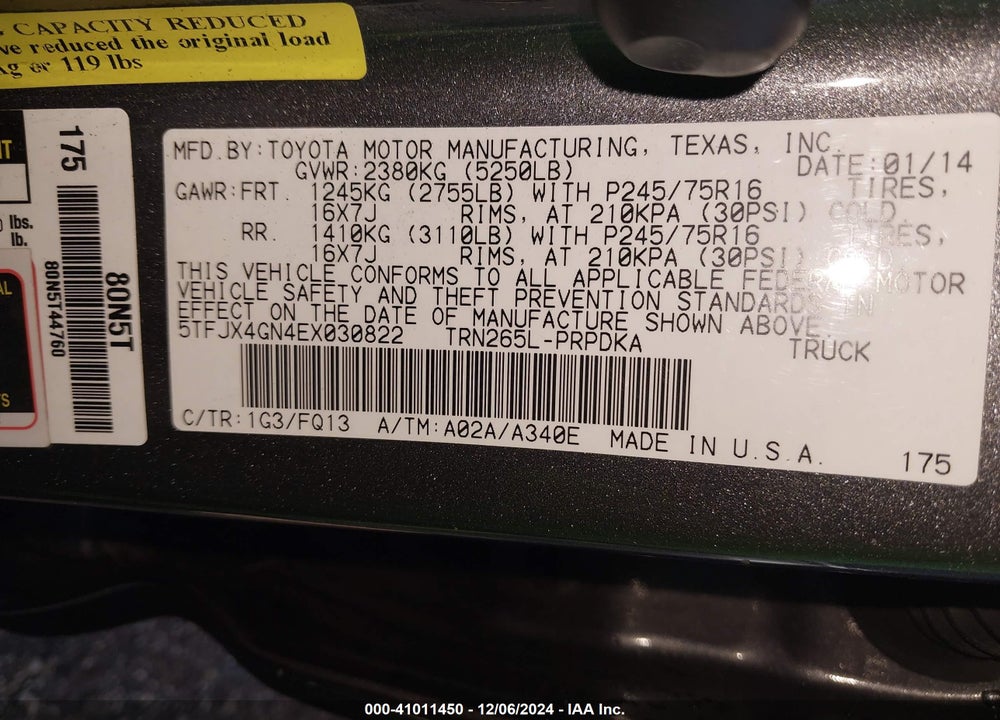 2014 TOYOTA TACOMA PRERUNNER VIN: 5TFJX4GN4EX030822