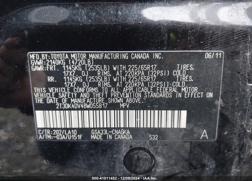 2011 TOYOTA RAV4 LIMITED VIN: 2T3DK4DV4BW055817