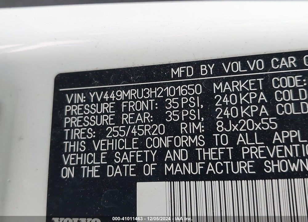 2017 VOLVO XC60 T6 INSCRIPTION VIN: YV449MRU3H2101650