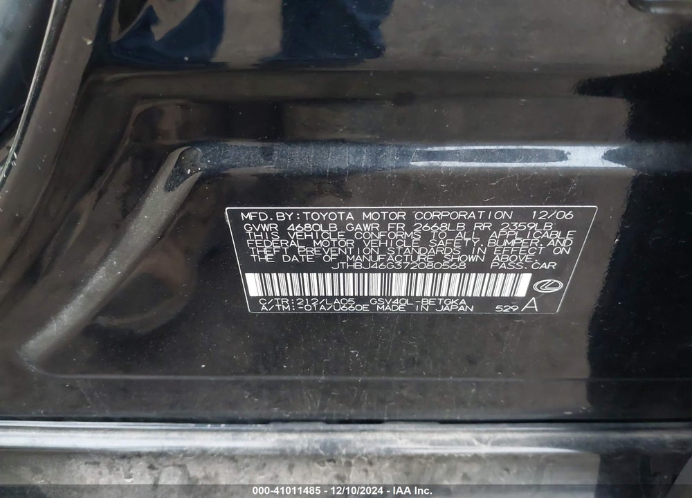 2007 LEXUS ES 350 VIN: JTHBJ46G372080568