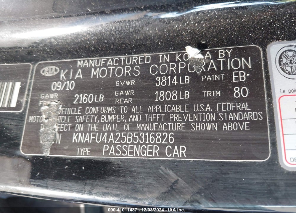 2011 KIA FORTE EX VIN: KNAFU4A25B5316826