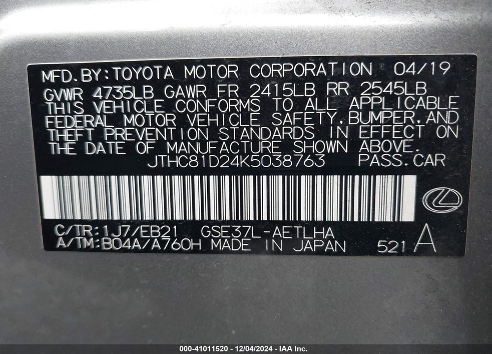 2019 LEXUS IS 300 VIN: JTHC81D24K5038763