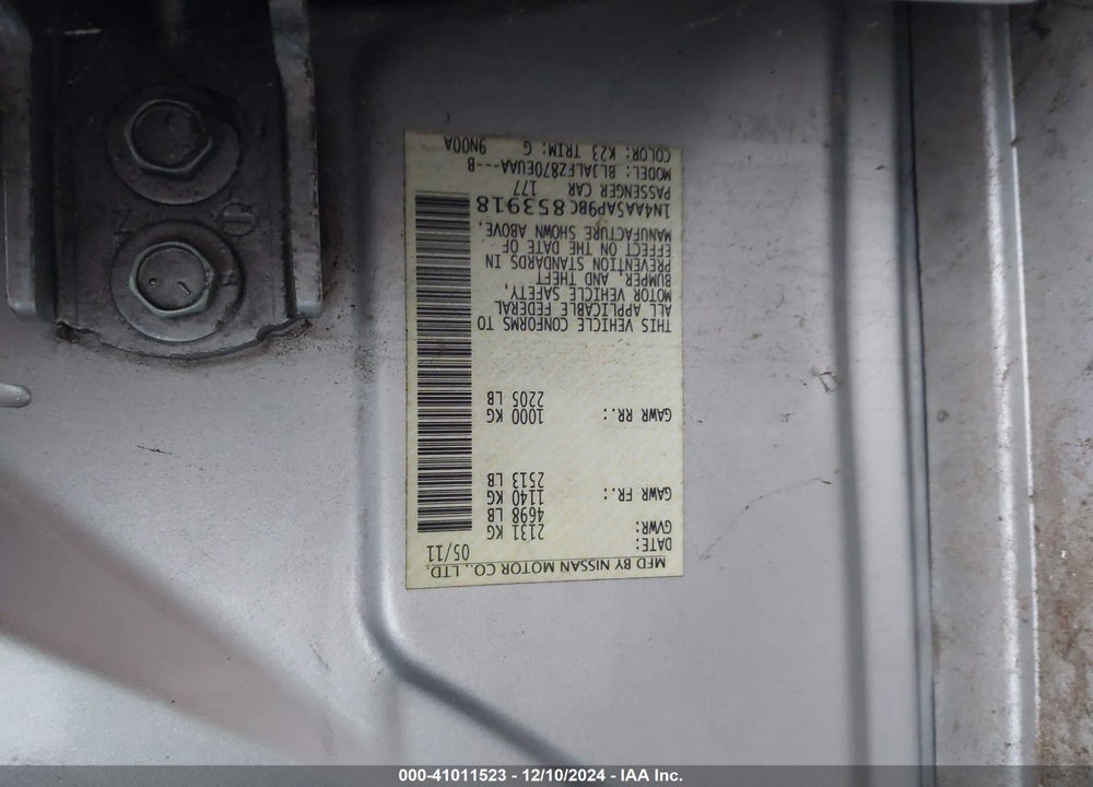 2011 NISSAN MAXIMA 3.5 SV VIN: 1N4AA5AP9BC853918
