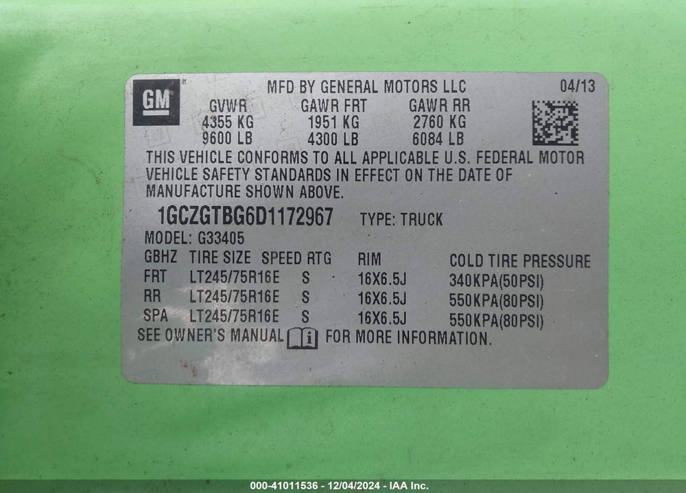 2013 CHEVROLET EXPRESS 3500 WORK VAN VIN: 1GCZGTBG6D1172967