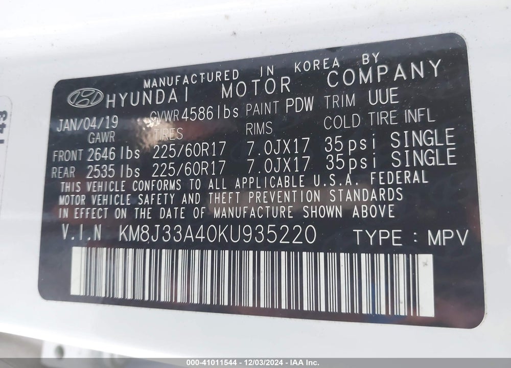 2019 HYUNDAI TUCSON VALUE VIN: KM8J33A40KU935220