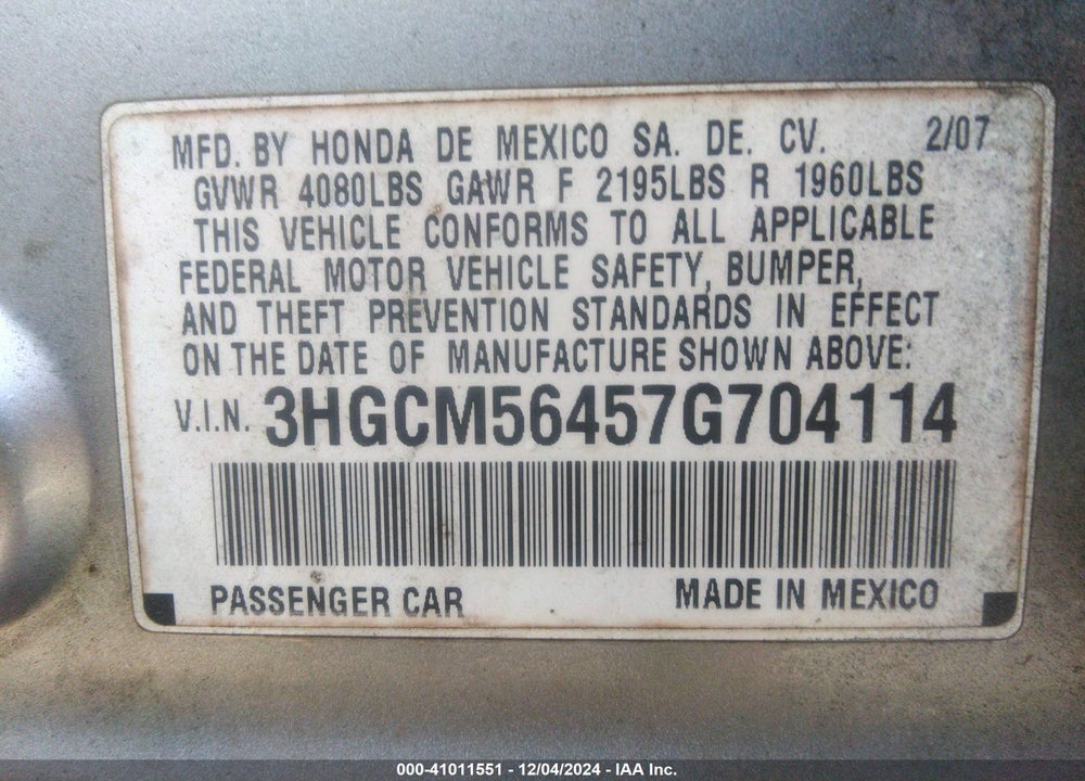 2007 HONDA ACCORD VIN: 3HGCM56457G704114