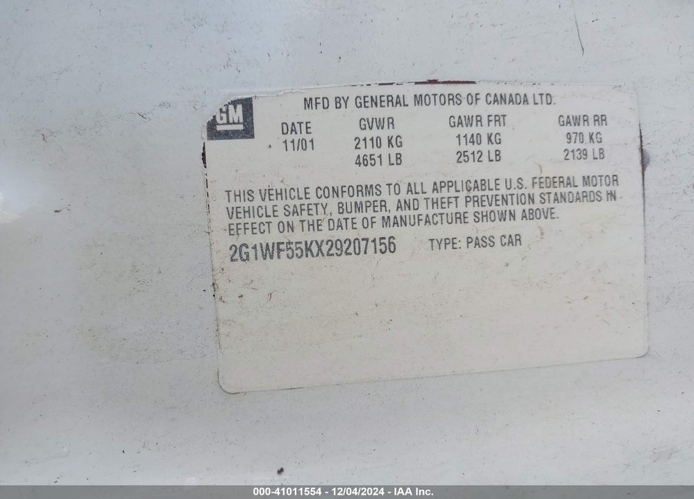 2002 CHEVROLET IMPALA VIN: 2G1WF55KX29207156