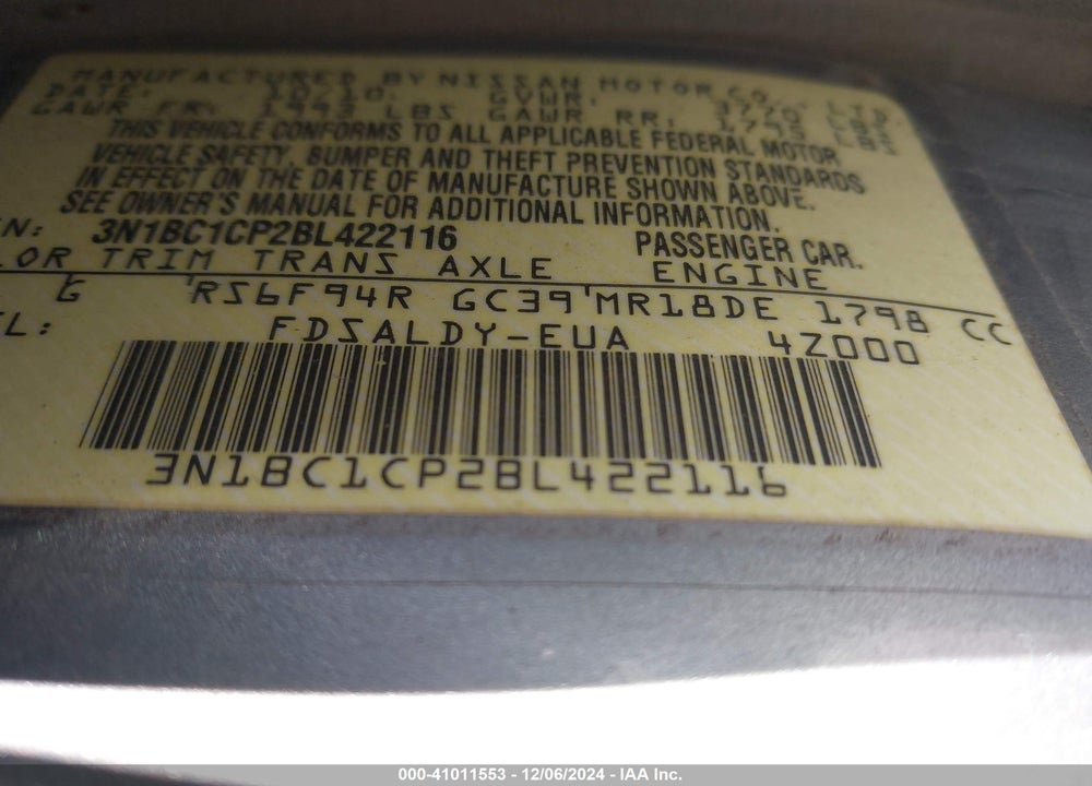 2011 NISSAN VERSA 1.8S VIN: 3N1BC1CP2BL422116