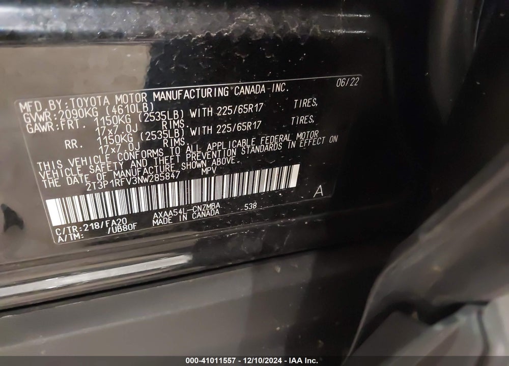2022 TOYOTA RAV4 XLE VIN: 2T3P1RFV3NW285847