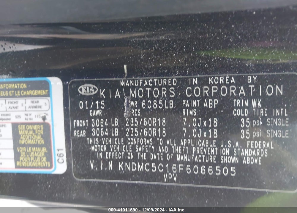 2015 KIA SEDONA SX VIN: KNDMC5C16F6066505