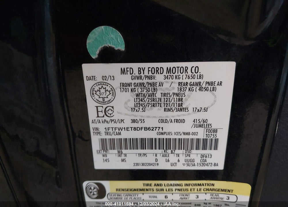 2013 FORD F-150 XLT VIN: 1FTFW1ET8DFB62771