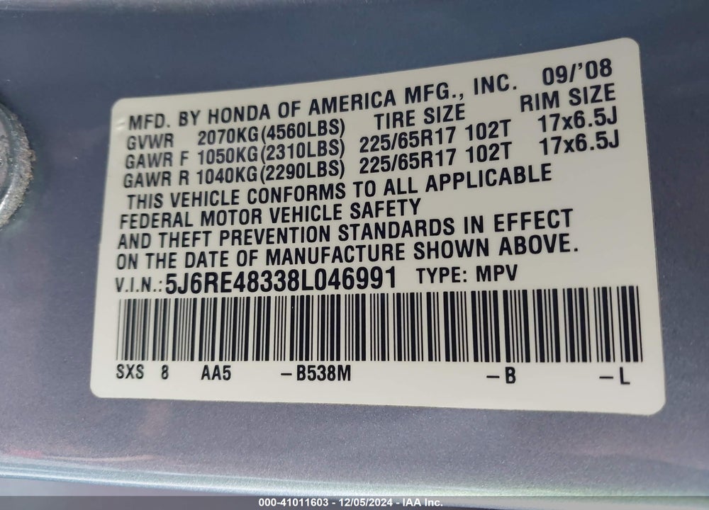 2008 HONDA CR-V LX VIN: 5J6RE48338L046991