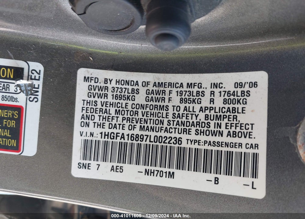 2007 HONDA CIVIC EX VIN: 1HGFA16897L002236