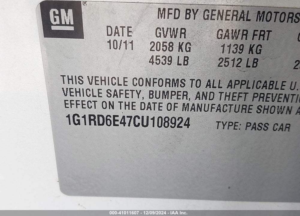 2012 CHEVROLET VOLT VIN: 1G1RD6E47CU108924