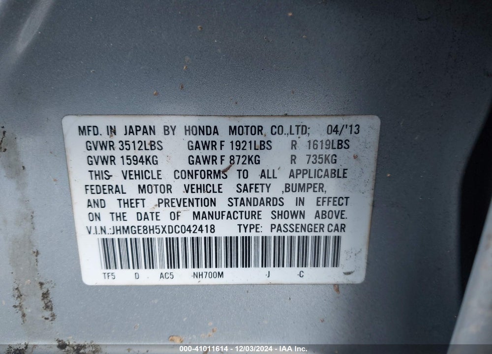 2013 HONDA FIT SPORT VIN: JHMGE8H5XDC042418